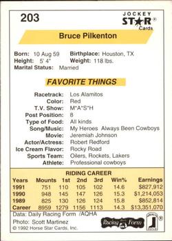 1992 Jockey Star #203 Bruce Pilkenton Back